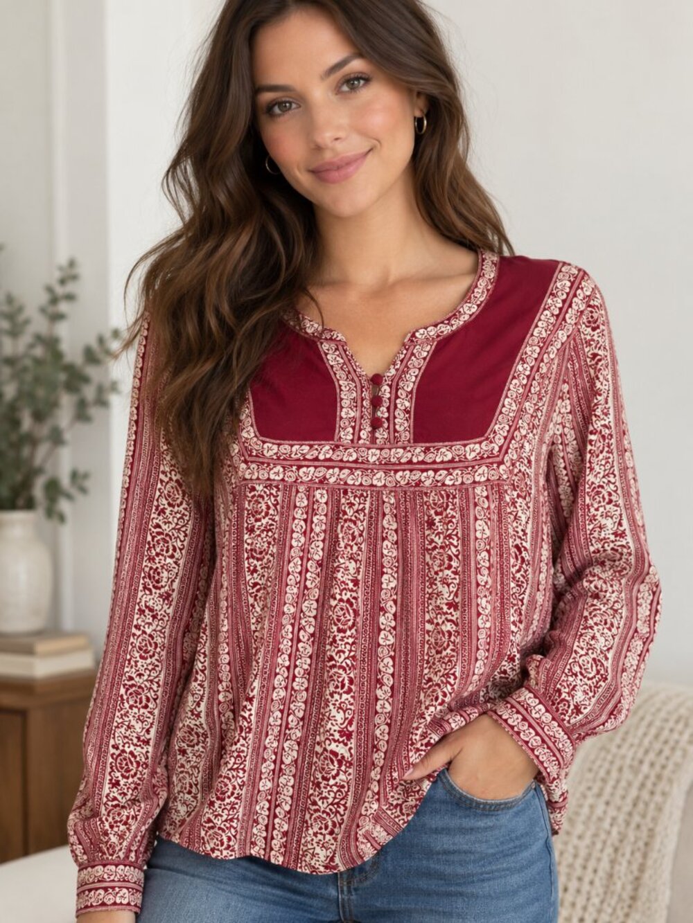 Lucky Brand Live in Love Boho Floral Tunic Blouse Burgundy Cream M
